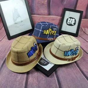 Classic plaid fedora hat with belt buckle and cute happy embroidery for daily casual wear.