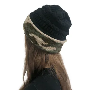 Women men winter knit beanie hat, casual warm camouflage slouchy skull cap for outdoor sports.