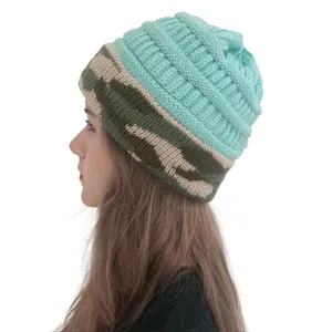 Mint green and camo knit beanie hat, warm winter casual slouchy ski cap for outdoor sports.