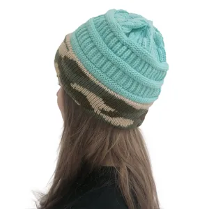 Detailed view of the stylish teal knit beanie featuring a trendy camouflage contrast band.