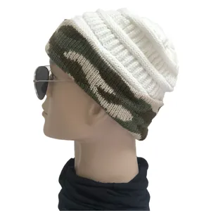 Camouflage knit beanie winter warm cap with stylish color block design for outdoor wear