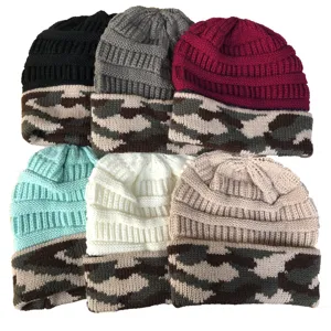 Camouflage cuff knit beanie hat detail showing thick ribbed texture and warm winter design.