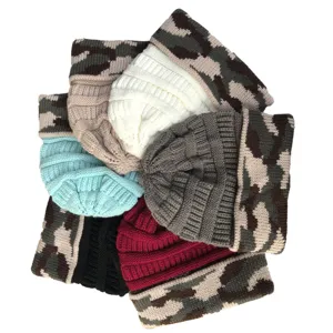 Winter warm knitted beanie hat set with trendy camouflage brim for outdoor windproof wear.