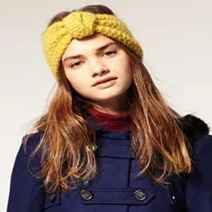 Close-up detail of the chunky knitted yellow winter headband, soft wool texture worn by model.