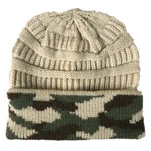 Camouflage knit beanie for outdoor winter warmth, stylish ribbed design, casual winter hat.