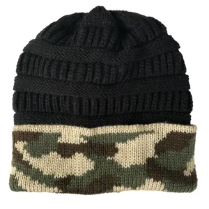 Winter warm knit beanie hat with classic camouflage cuff and black ribbed design.