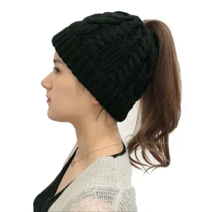 Berretto invernale da donna in maglia coda di cavallo caldo antivento cappello casual
