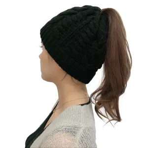 Donna inverno caldo coda di cavallo berretto lavorato a maglia cappello antivento esterno