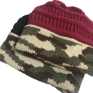 Winter warm knitted camo beanie hat, stylish windproof pullover woolen cap for outdoor.