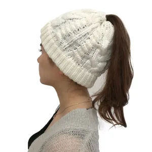 Donna inverno caldo treccia lavorato a maglia berretto coda di cavallo morbido elastico