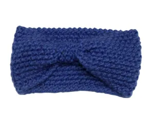 Blue knitted twist headband for women, cozy winter warm hair accessory, stylish wide head wrap.