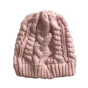 Berretto in maglia rosa invernale caldo cappello morbido termico per coda di cavallo donna
