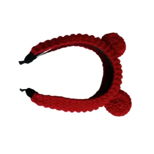 Red knitted ear headband detail shot, cute plush cartoon hair accessory for daily wear.
