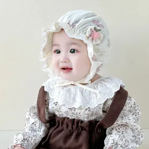 Cute baby bonnet hat for infant girls, comfy cotton princess sun hat with floral lace ruffle.