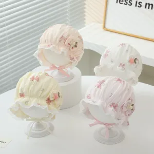 Cute baby princess bonnet hat with bows and lace, breathable infant cap for spring autumn.