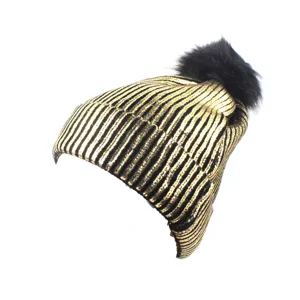 Gold Foil Knitted Beanie Hat with Black Pom Pom Women Warm Winter Cap Detail View