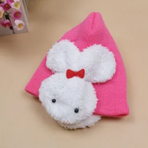 Cute baby knitted beanie hat with white fluffy bunny face and red bow for infants