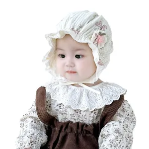 Cute baby bonnet hat for infant girls, sweet floral style spring autumn soft headwear.