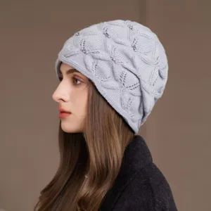 Donna inverno caldo cappello lavorato a maglia perla strass pullover grigio chiaro
