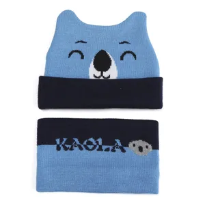 Süßes Kinder Strickmütze und Schal Set Winter warm blau Cartoon Koala Mütze Nackenwärmer
