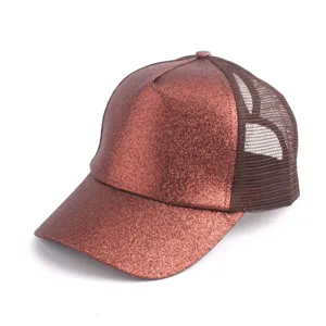 Detailed view of the stylish brown glitter mesh baseball cap, perfect for summer sun protection.