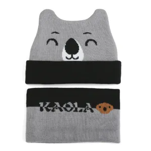 Kinder Winter Strickmütze und Schal Set grau schwarz süß Koala Design warme Haube