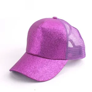 Closeup of a stylish purple glitter mesh baseball cap detail showing sparkly front and back mesh.