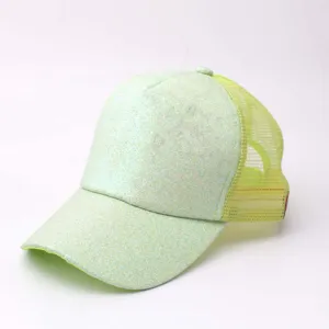Green glitter mesh baseball cap detail, breathable summer trucker hat for casual wear.