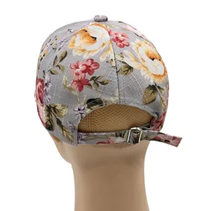 Detailed back view of a grey floral print baseball cap with adjustable metal buckle.