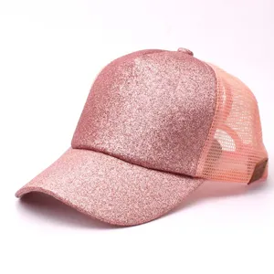 Pink glitter baseball cap for women, sparkling sequin mesh trucker hat summer sun protection.