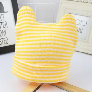 Yellow and white striped knit beanie hat with cute cat ears designed for cute babies and toddlers.