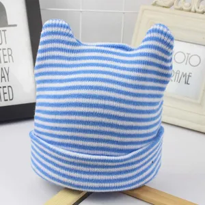 Baby striped knit beanie hat with cute cat ears, soft warm winter cap for infant toddlers.
