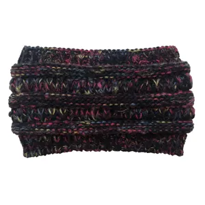 Gedetailleerd overzicht van de kleurrijke gebreide hoofdband, zachte textuur en warme orenwarmer.