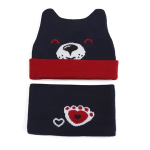 Cute infant toddler knit hat scarf set winter warm cute bear ear design cute kids beanie.