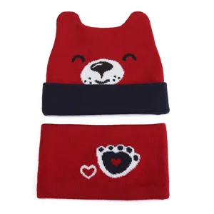 Baby winter warm knit hat and scarf set cute bear face paw print toddler beanie cap