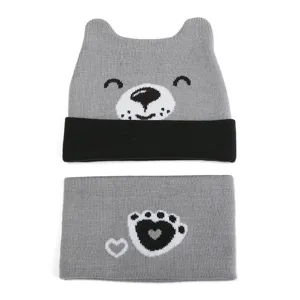 Cute baby knit hat and scarf set with bear ears design, warm winter toddler beanie caps.