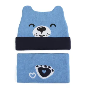 Infant cute bear knit hat and scarf set, soft warm winter beanie for baby boys and girls.
