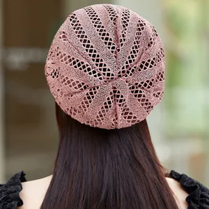 Femme crochet creux chapeau en filet respirant chapeau d'été décontracté élégant couvre-chef rose