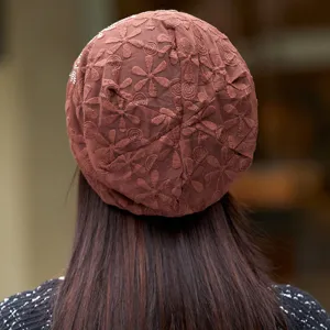 Brown floral lace chemo cap women lightweight breathable pull-on sleep cap comfortable headwear