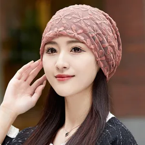 Women's pink lace chemo cap breathable floral beanie stylish casual headwear for daily use