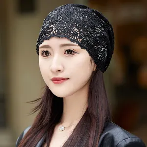 Bonnet en dentelle noir femme ete respirant foulard de tete decontracte mode chapeau.