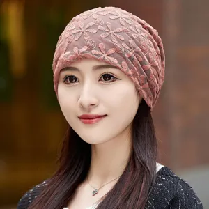 Women's lace chemo cap floral embroidery breathable stylish soft beanie head cover hat