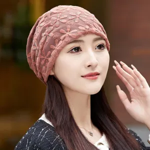 Women lace chemo cap breathable mesh floral beanie stylish indoor headwear pink brown