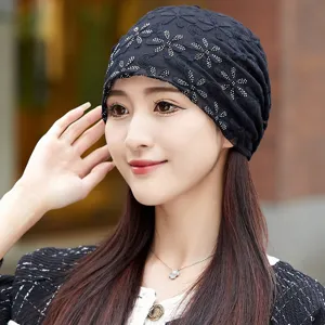 Women fashion black lace rhinestone chemo cap breathable turban hat for ladies elegant daily wear
