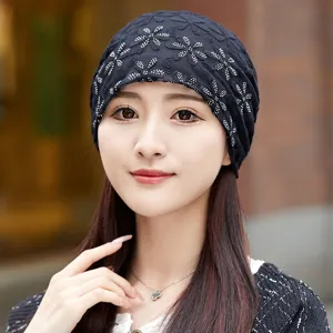 Women floral lace chemo hat black breathable beanie cap soft stylish head cover daily wear.