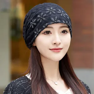 Floral lace chemo cap for women, breathable soft turban hat for daily wear and outdoor use.