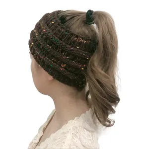 Fascia per capelli in maglia marrone da donna, scaldatesta elastico caldo per coda di cavallo.