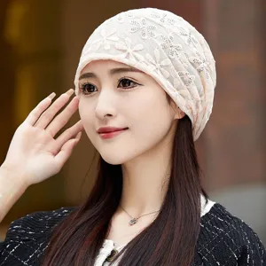 Lace chemo cap for women, lightweight floral turban hat, breathable sleep cap for daily wear.