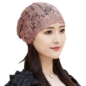 Summer women's lace chemo cap breathable floral bonnet stylish head cover for sun protection.