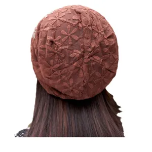 Women brown floral lace chemo hat breathable beanie cap soft sleep head cover indoor casual